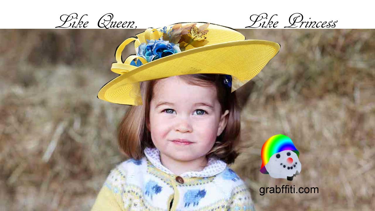Satire. A photo of two-year-old princess Charlotte who is wearing one of her grandma's hats.